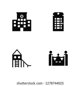 Vector Illustration Of 4 Icons. Editable Pack Hospital, Slide, Phone booth, undefined.