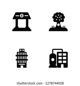 Vector Illustration Of 4 Icons. Editable Pack Bank, Building, Trees, undefined.