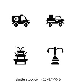 Vector Illustration Of 4 Icons. Editable Pack Ambulance, Fountain, Truck, undefined.