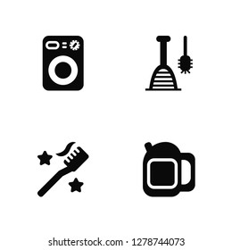 Vector Illustration Of 4 Icons. Editable Pack Washing machine, Toothpaste, Plunger, undefined.
