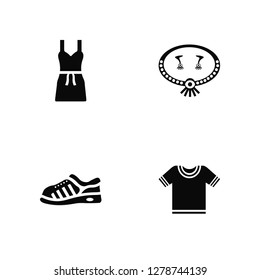 Vector Illustration Of 4 Icons. Editable Pack Cocktail Dress, Sneaker, Jewelry Set, undefined.