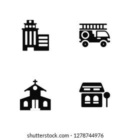 Vector Illustration Of 4 Icons. Editable Pack Skyscrapper, Church, Fire truck, undefined.