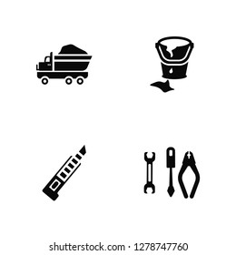 Vector Illustration Of 4 Icons. Editable Pack Truck with Load, Cutter, Paint Bucket, undefined.