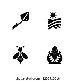 Vector Illustration Of 4 Icons. Editable Pack Trowel, Bees, Field, undefined.