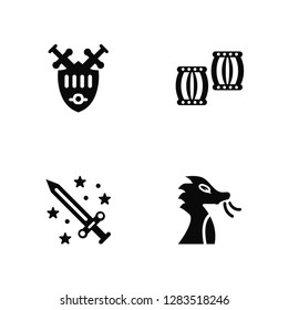 Vector Illustration Of 4 Icons. Editable Pack Shield, Sword, Barrel, undefined.