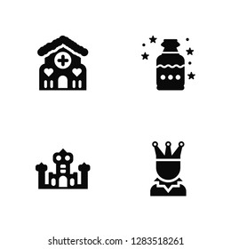 Vector Illustration Of 4 Icons. Editable Pack Gingerbread house, Palace, Potion, undefined.
