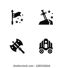 Vector Illustration Of 4 Icons. Editable Pack Flag, Axe, Excalibur, undefined.