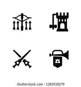 Vector Illustration Of 4 Icons. Editable Pack Crossbow, Spear, Tower, undefined.