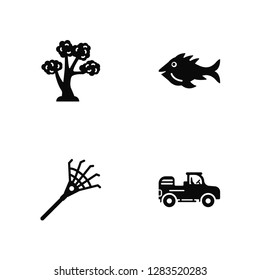 Vector Illustration Of 4 Icons. Editable Pack Tree, Rake, Fish, undefined.