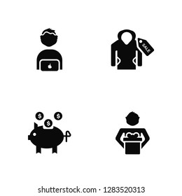 Vector Illustration Of 4 Icons. Editable Pack Customer, Piggy bank, Shirt, undefined.