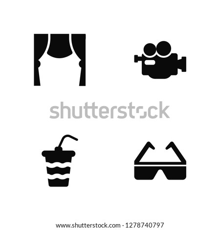 Vector Illustration Of 4 Icons. Editable Pack Theatre Screen, Papper Cup with Straw, Proffesional Video Camera, undefined.