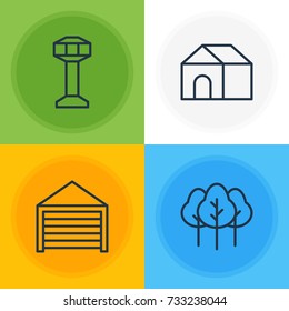 Vector Illustration Of 4 Infrastructure Icons. Editable Pack Of Home, Parking, Control Tower And Other Elements.