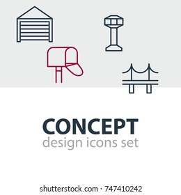 Vector Illustration Of 4 Infrastructure Icons. Editable Pack Of Golden Gate, Control Tower, Parking And Other Elements.