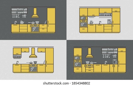 Vector illustration of 4 kitchen layouts for a furniture store. Stylish badge/card/invitation/banner template. Furniture lettering typography poster. EPS 10