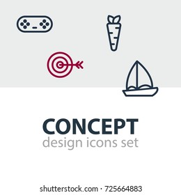 Vector Illustration Of 4 Leisure Icons. Editable Pack Of Veggie, Yacht, Joystick And Other Elements.