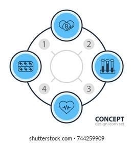 Vector Illustration Of 4 Medical Icons. Editable Pack Of Medicine, Heart Rhythm, Painkiller And Other Elements.