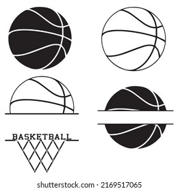 Vector Illustration Of 4 Minimalistic Basketball Clipart. Basketball Drawing With Copy Space. 