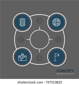 Vector Illustration Of 4 Navigation Icons. Editable Pack Of Pennant, Stoplight, World And Other Elements.