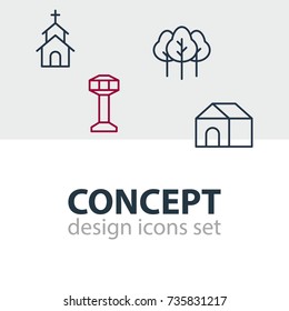 Vector Illustration Of 4 Public Icons. Editable Pack Of Building, Home, Forest And Other Elements.