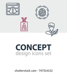 Vector Illustration Of 4 Security Icons. Editable Pack Of Finger Identifier, Account Data, Browser Warning And Other Elements.