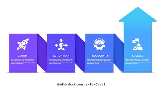 Ilustración vectorial de 4 pasos para el éxito del proyecto empresarial relacionados con el inicio, Plan de acción, rendimiento y éxito. Plantilla moderna de diseño de infografía o presentación