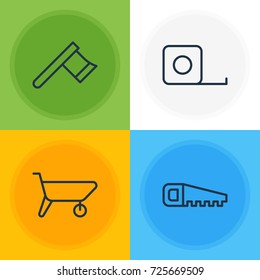 Vector Illustration Of 4 Structure Icons. Editable Pack Of Hacksaw, Hatchet, Handcart Elements.