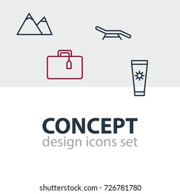 Vector Illustration Of 4 Summer Icons. Editable Pack Of Hill, Suitcase, Longue And Other Elements.