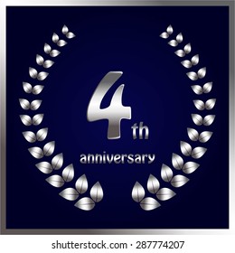 Vector illustration of 4 th anniversary. Silver laurel wreath on a blue.