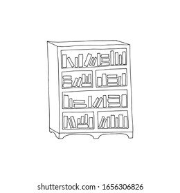 Vector illustration of 4- tier wooden bookcase with many books on the shelves. Hand drawn bookcase. Black and white coloring page book