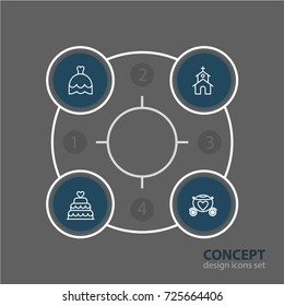 Vector Illustration Of 4 Wedding Icons. Editable Pack Of Chariot, Wedding Gown, Building And Other Elements.