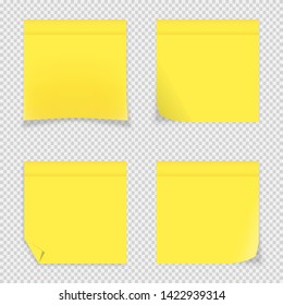 Vector illustration of 4 yellow sticky notes. Fully editable set of adhesive paper sheets with different folded corners. Isolated mockups of note pads for your different projects.