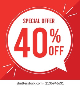 Ilustración vectorial. 40% de descuento. Descuento para grandes ventas. Globo blanco sobre fondo rojo.