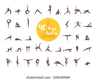 Vector illustration of 40 Yoga Asanas with names 