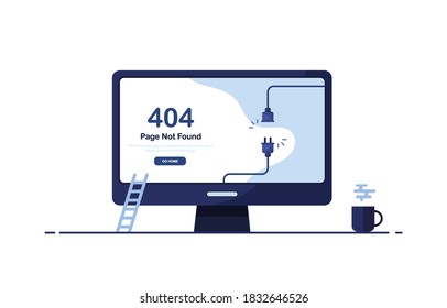 Vector Illustration With 404 Error On Screen Monitor Computer PC. Browser Page Site. Broken Website. Flat Icon Concept. Template, Layout, Mockup For Banner. Blue. Eps 10