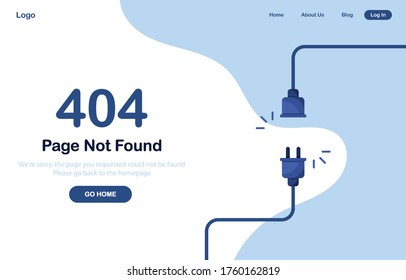 Vector illustration 404 error page not found banner. System error, broken page. Disconnected wires from the outlet. Cable and socket. Cord plug. For website. Web Template. Blue. Eps 10