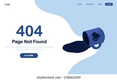 Vector Illustration 404 Error Page Not Found Banner. System Error, Broken Page. Spilled Cup Of Tea Or Coffee, Drink, Beverage. Mug With A Heart. For Website. Web Template. Blue. Eps 10