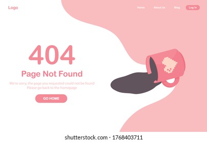 Vector illustration 404 error page not found banner. System error, broken page. Spilled cup of tea or coffee, drink, beverage. Mug with a heart. For website. Web Template. Pink. Eps 10