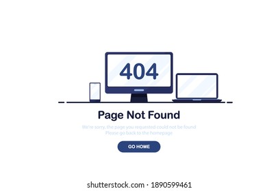 Vector illustration 404 error page not found banner. Computer, laptop and phone with text 404. System error, broken page. For website. Web Template. Blue. Eps 10