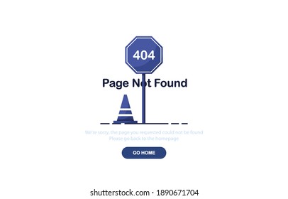 Vector illustration 404 error page not found banner. Web template with cone and stop sign. System error, broken page. For website. Blue. Eps 10