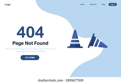 Vector illustration 404 error page not found banner. Web template with cones. System error, broken page. For website. Blue. Eps 10