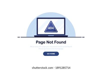 Vector Illustration 404 Error Page Not Found Banner. Laptop With Warning Sign And Text 404. System Error, Broken Page. For Website. Web Template. Blue. Eps 10