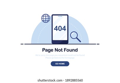 Vector illustration 404 error page not found banner. Phone with text 404. System error, broken page. For website. Web Template. Blue. Eps 10