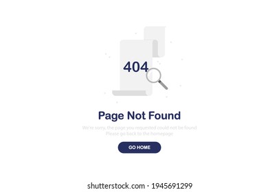 Vector illustration 404 error page not found banner. Document with magnifier. Flat design. Web Template. Gray. Eps 10