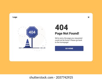 Vector illustration 404 error page not found banner. Template for website. Road sign stop and con. Flat design 