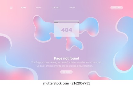 Vector illustration 404 error page not found banner. System error, broken page. Glassmorphism illustration. Frosted transparent glass and gradient with pastel colors and abstract. 