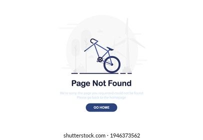 Vector illustration 404 error web page with broken bicycle without wheel. System error, broken page. Web Template. Blue. Eps 10