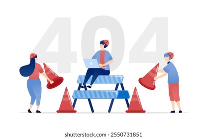 vector illustration of 404 Not Found or Under Construction. People in Construction Project Gear Illustrating Duration of Development or Website Building for an Engaging User Experience