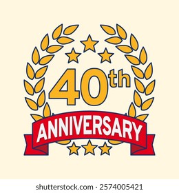 Vector illustration of 40th or 40 years anniversary logo featuring a laurel wreath, stars, and ribbon. Perfect for marking milestones, achievements, special events with an elegant and timeless design