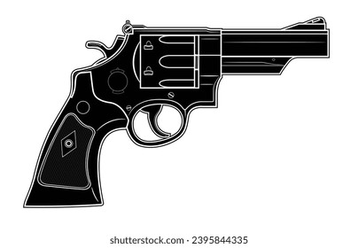 Ilustración vectorial del revólver M29 de 44 magnum Smith Wesson con barril corto sobre el fondo blanco. Negro. Del lado derecho.