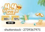 Vector illustration of 4.4 Summer Sale banner with a white product podium on beach sand. Tropical vacation theme with surfboard, umbrella, and sun for April shopping festival promotion.